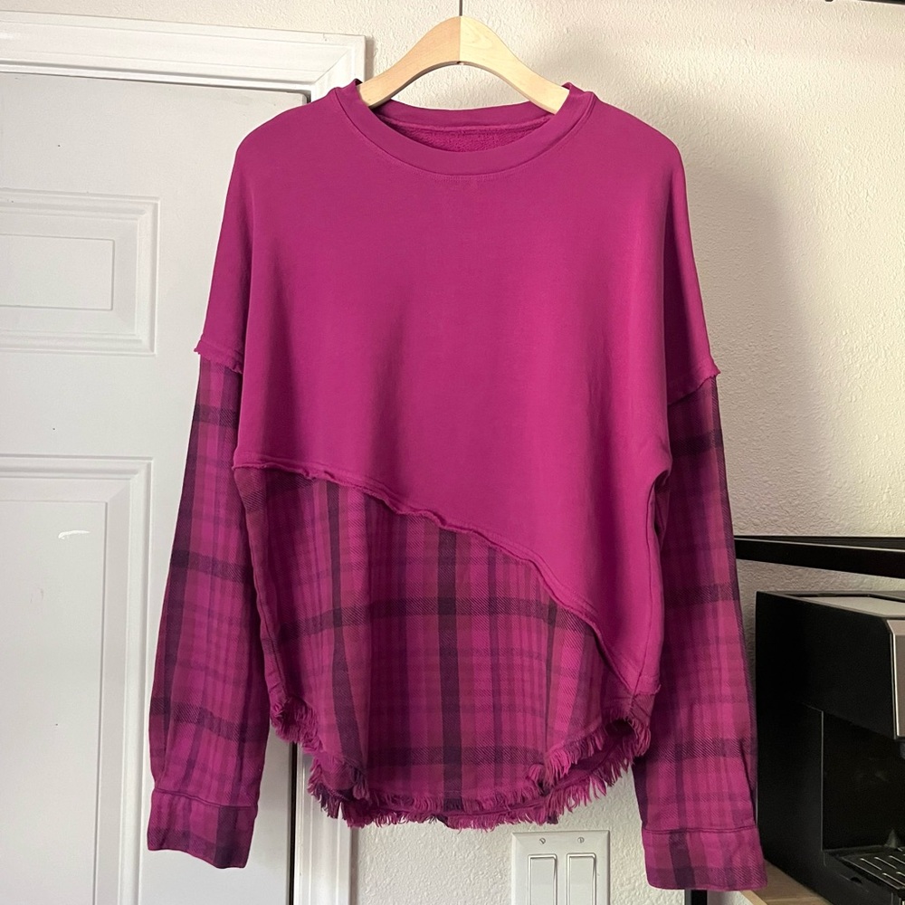 RAQUEL ALLEGRA magenta purple plaid check flannel contrast crew neck pullover